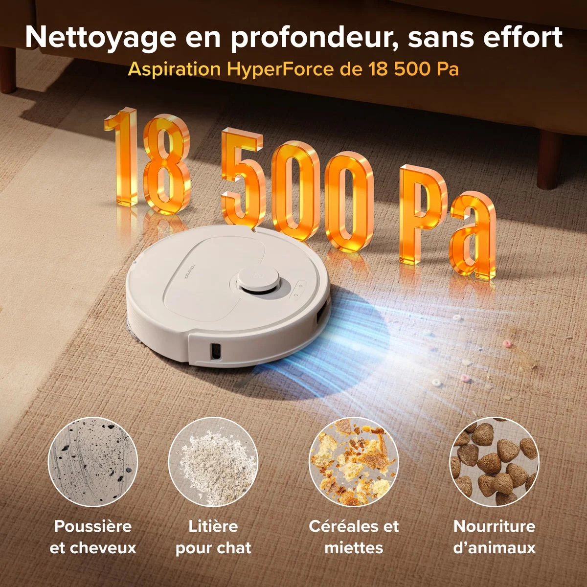 Le Roborock Qrevo S Pro aspire poussière, litière, miettes et croquettes