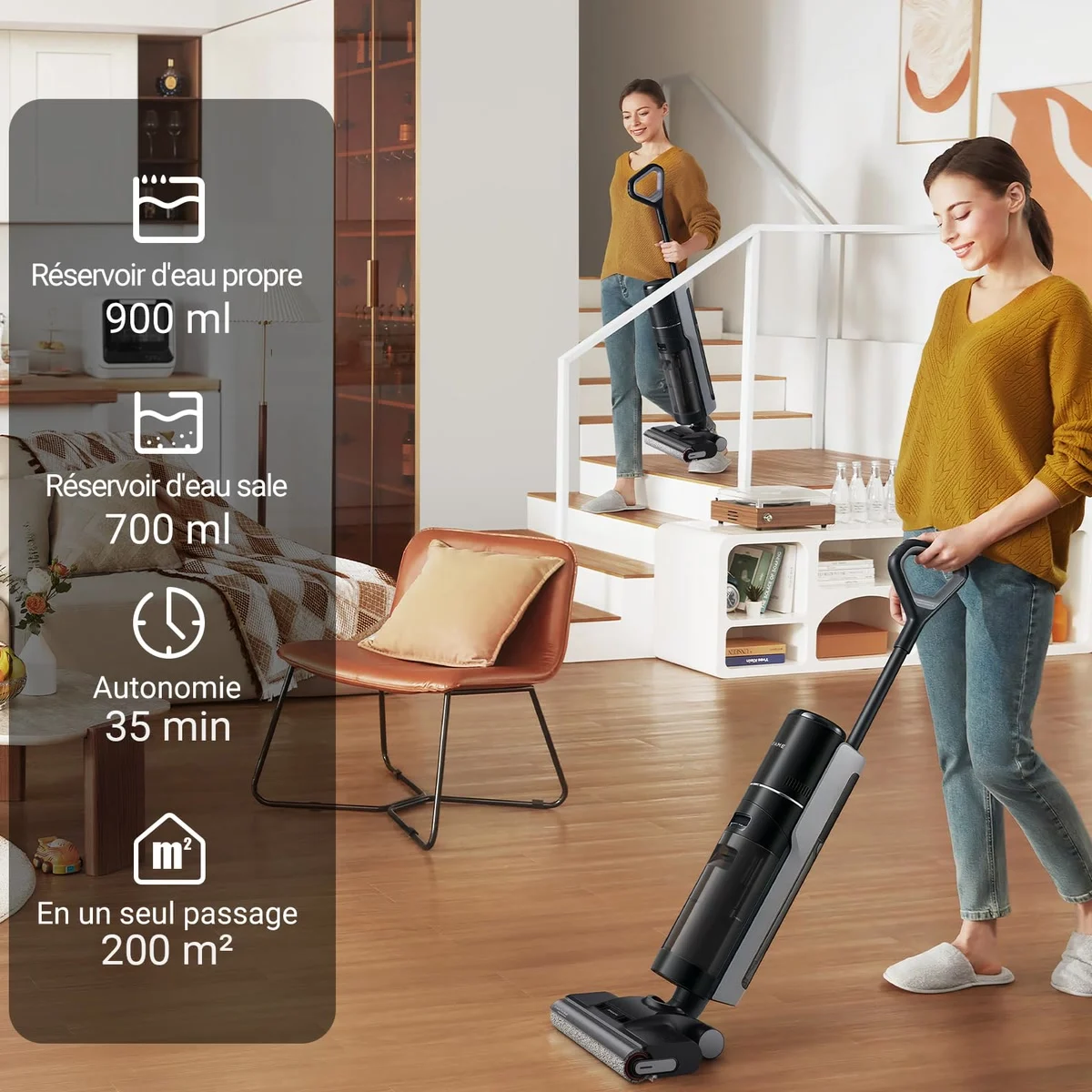 Une femme lave le sol de son salon avec le Dreame H12 Pro Ultra