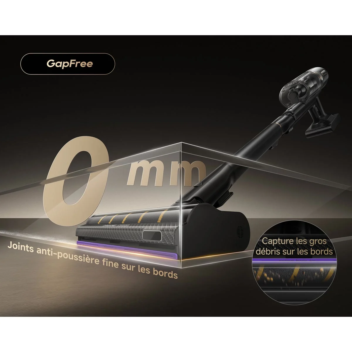 La brosse du Dreame V20 Pro-A nettoie le bord jusqu’à 0 mm
