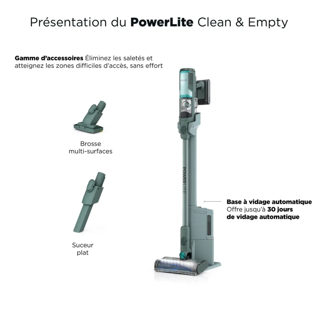 Le Shark PowerLite Clean & Empty, sa base à vidage automatique, sa brosse multi-surfaces et son suceur plat