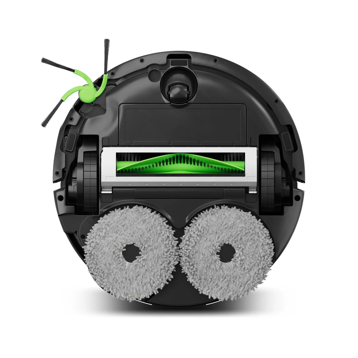 Le dessous du Roomba Plus 576 : brosse et deux lingettes de lavage