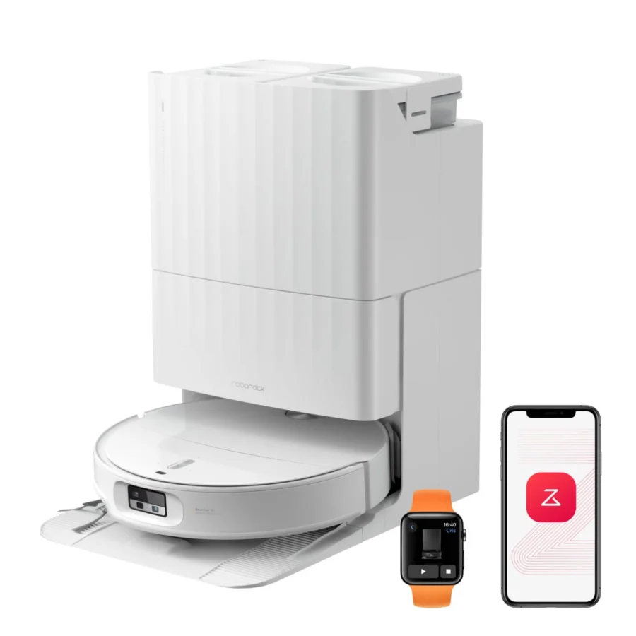 Le robot Roborock Qrevo Edge 2 sur sa station blanche