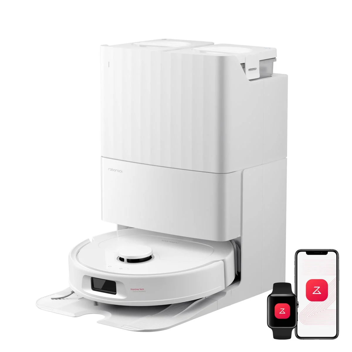 Le robot Roborock Qrevo S Pro sur sa station blanche