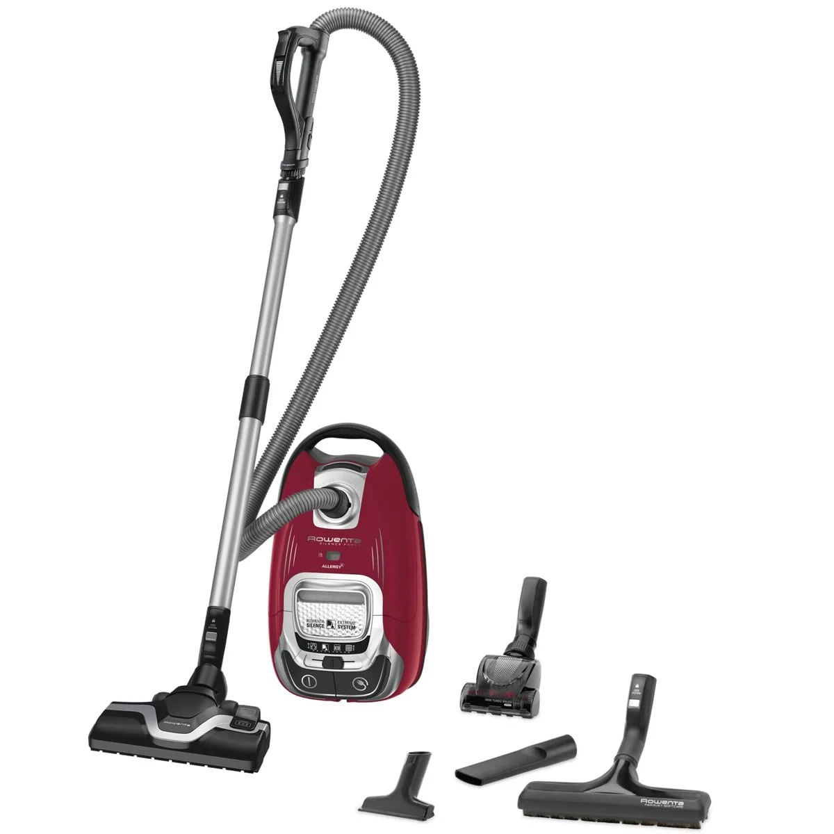 L’aspirateur traîneau Rowenta Silence Force rouge et ses accessoires