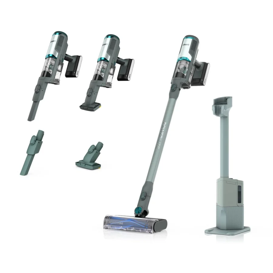 Le Shark PowerLite Clean & Empty bleu glacier, en balai et en aspirateur à main, avec sa base et ses accessoires