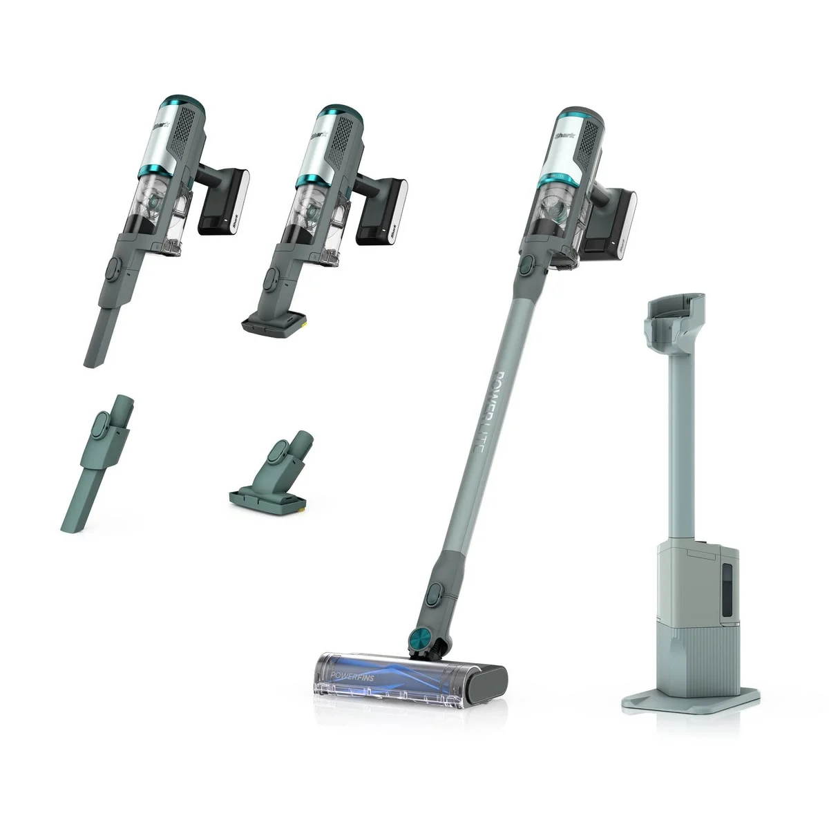 Le Shark PowerLite Clean & Empty bleu glacier, en balai et en aspirateur à main, avec sa base et ses accessoires