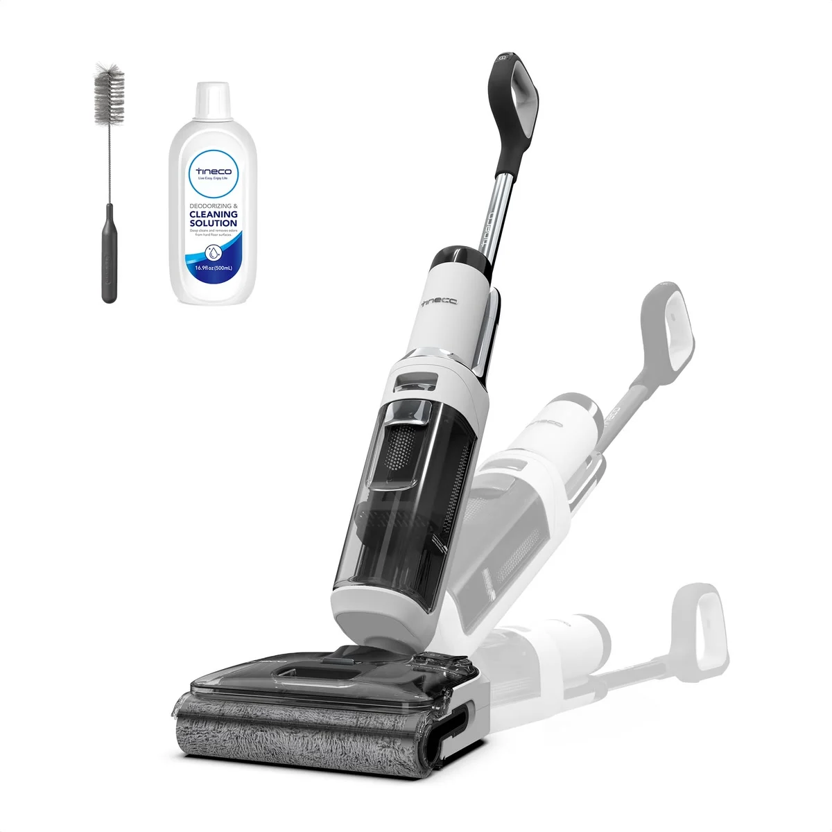 Le Tineco Floor One Stretch S6 blanc, sa solution et sa brosse de nettoyage