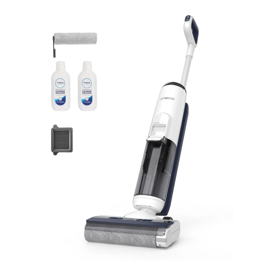 Le Tineco iFLOOR 5 Breeze Complete, sa brosse, ses flacons de solution et son filtre
