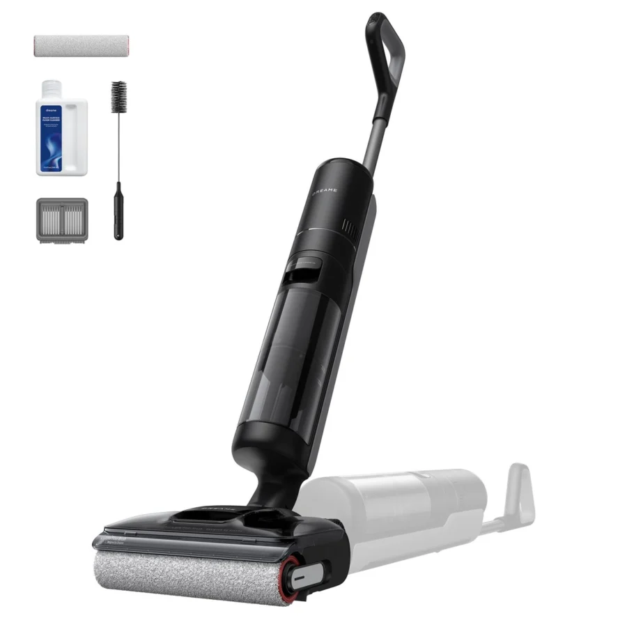 Le Dreame H12 Pro FlexReach, sa solution, sa brosse de nettoyage et ses pièces de rechange