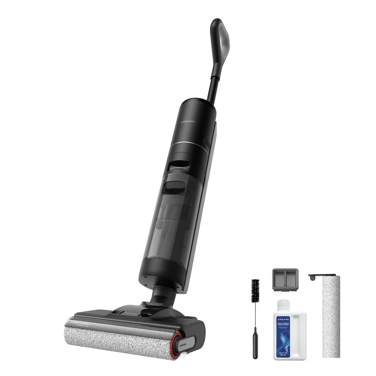 L’aspirateur laveur Dreame H12 Pro Ultra sur sa station, avec sa brosse de rechange, sa brosse de nettoyage et son produit de lavage