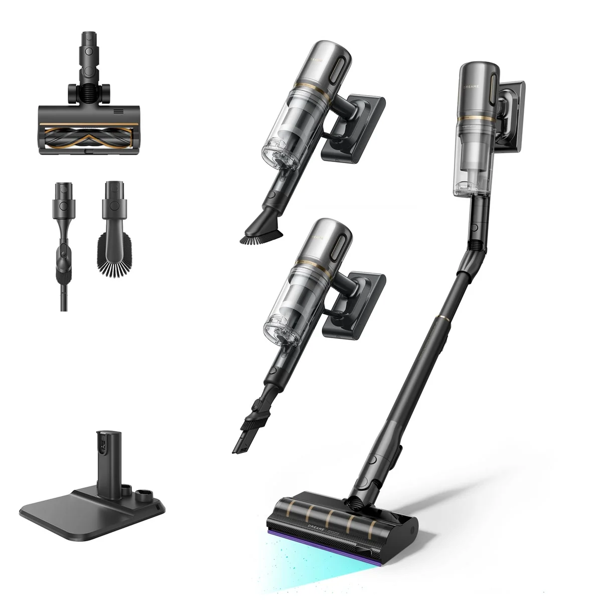 Le Dreame V20 Pro-A, ses brosses, ses accessoires et son socle