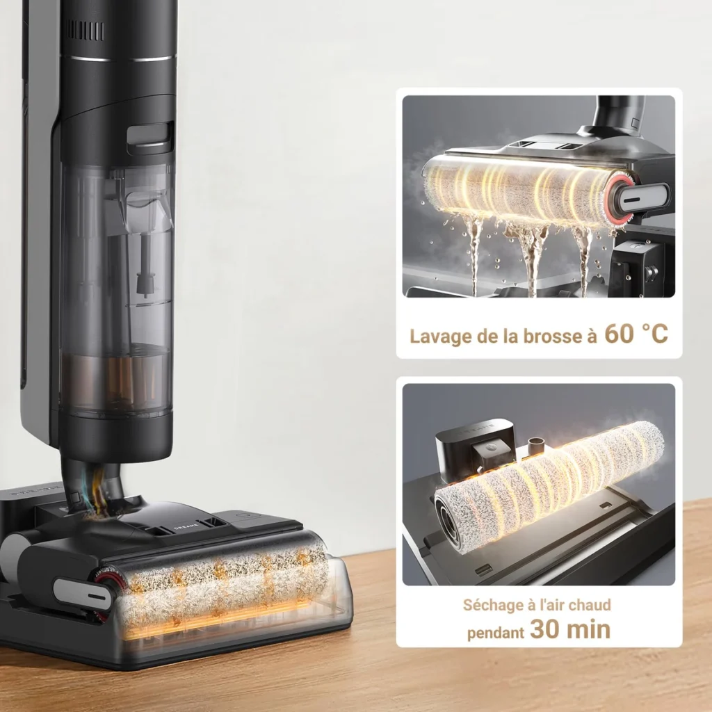La brosse du Dreame H12 Pro Ultra lavée à l’eau chaude puis séchée à l’air chaud sur sa station