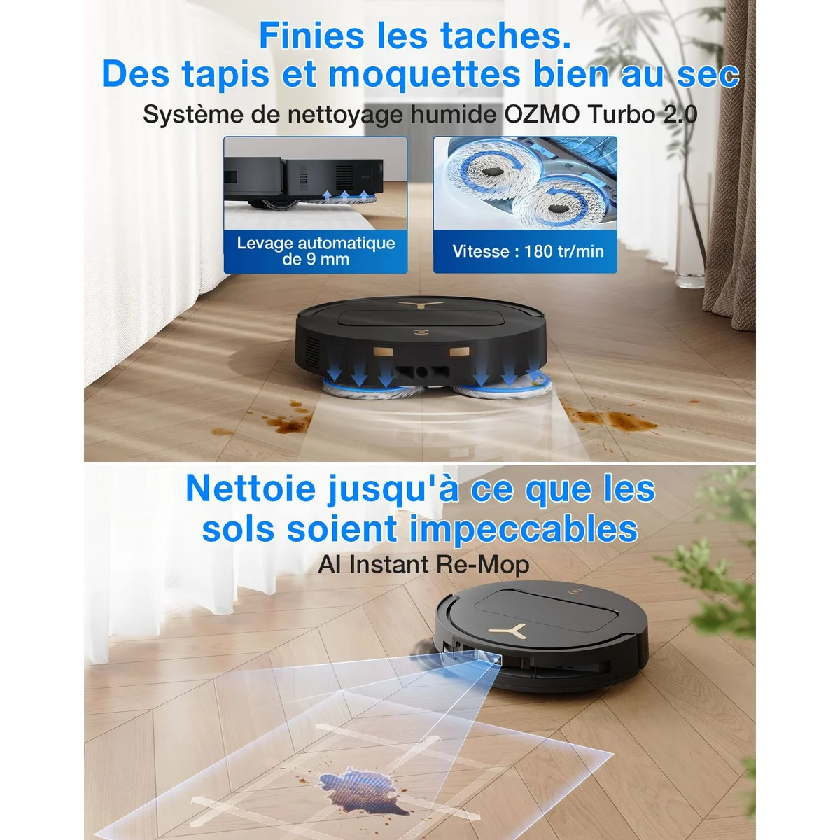 Le Deebot T50 Pro Omni lave les taches et relève sa serpillière sur les tapis
