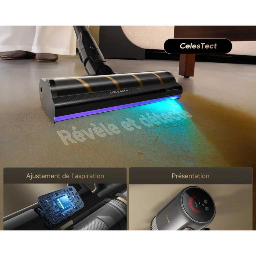 L’éclairage de la brosse du Dreame V20 Pro-A révèle la poussière