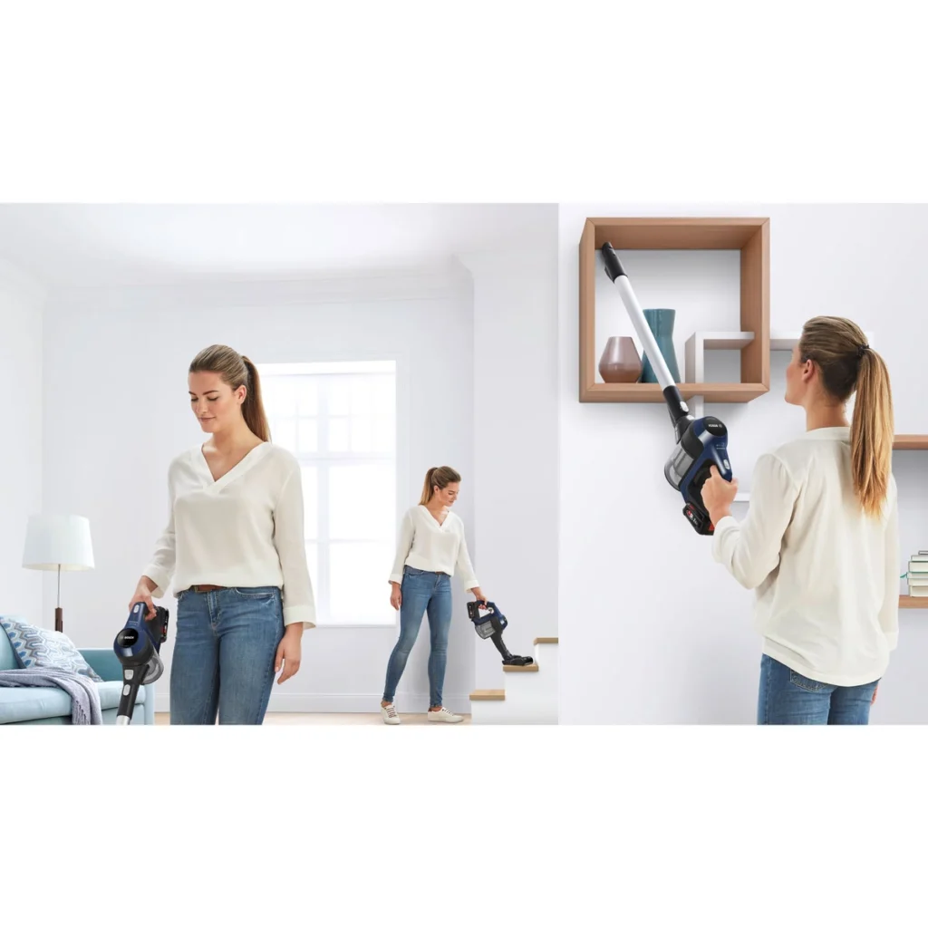 Une femme aspire son salon et ses étagères avec le Bosch Unlimited 6