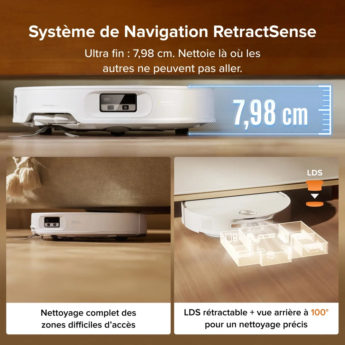 Le Roborock Qrevo Edge 2, 7,98 cm de haut, sous un meuble