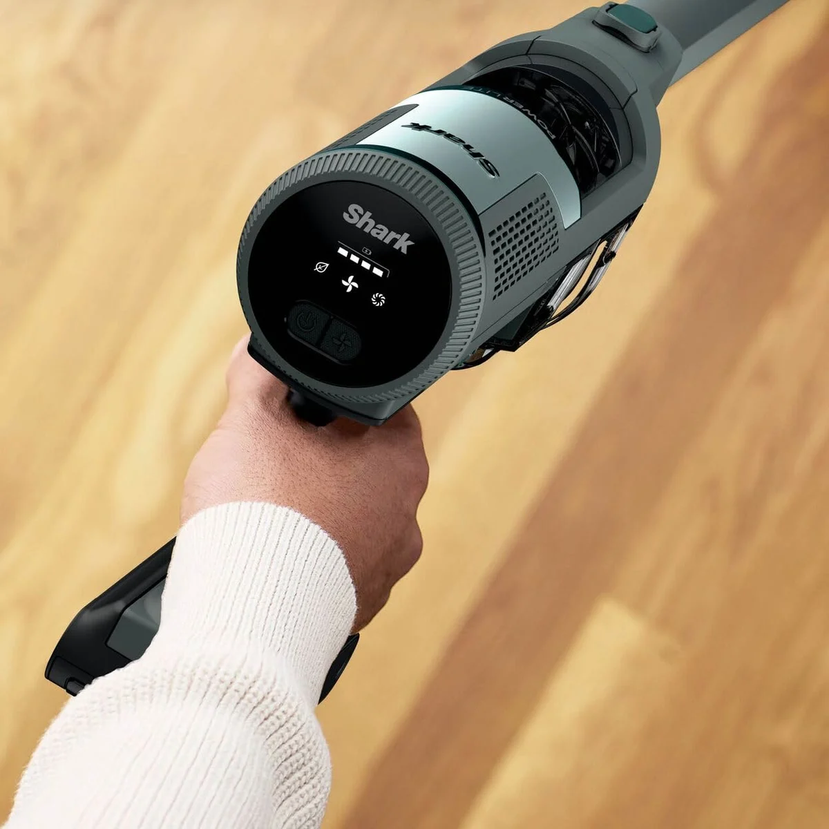L’écran du Shark PowerLite Clean & Empty et ses modes Eco, Auto et Boost