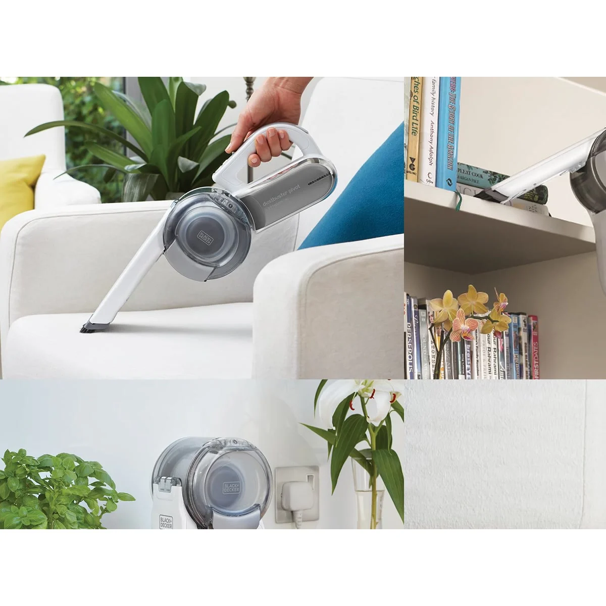 La buse pivotante du Dustbuster Pivot sous un fauteuil et sur une étagère