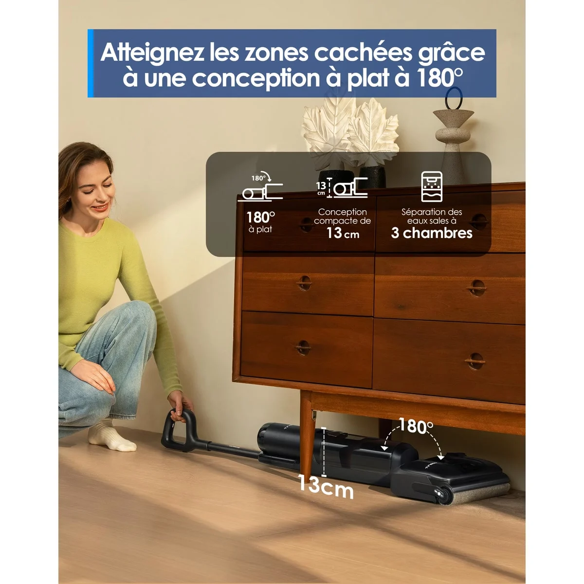 Le Tineco S7 Stretch Ultra couché à plat sous une commode