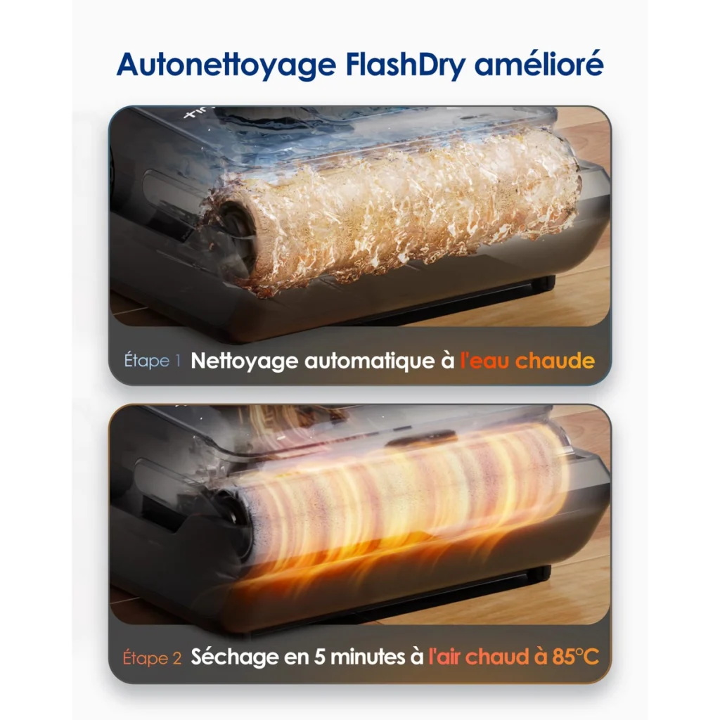 La brosse du Tineco i6 Stretch lavée à l’eau chaude puis séchée à l’air chaud