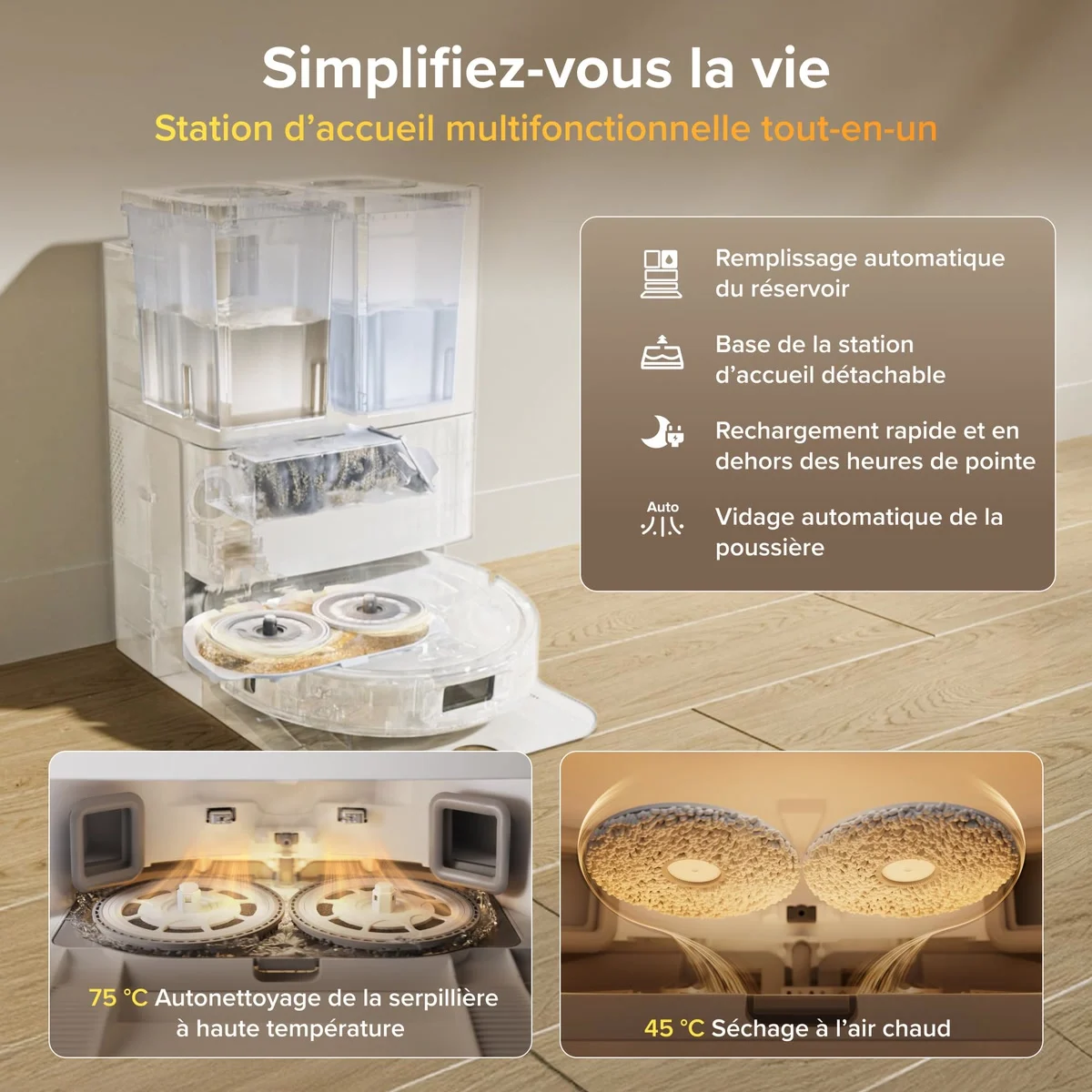 La station du Roborock Qrevo S Pro lave et sèche les serpillières